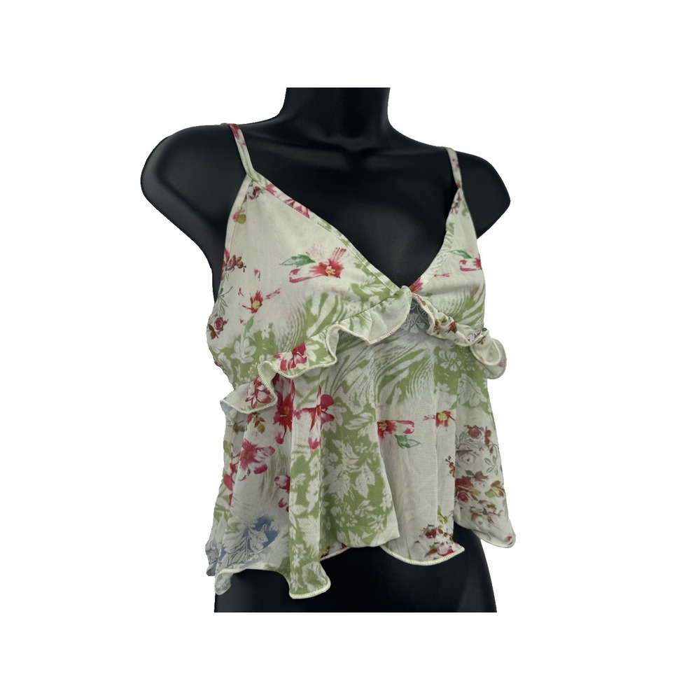 Y2K Babydoll Top M Crop Sheer Mesh Festival Lettuce Hem Floral Fairy Boho